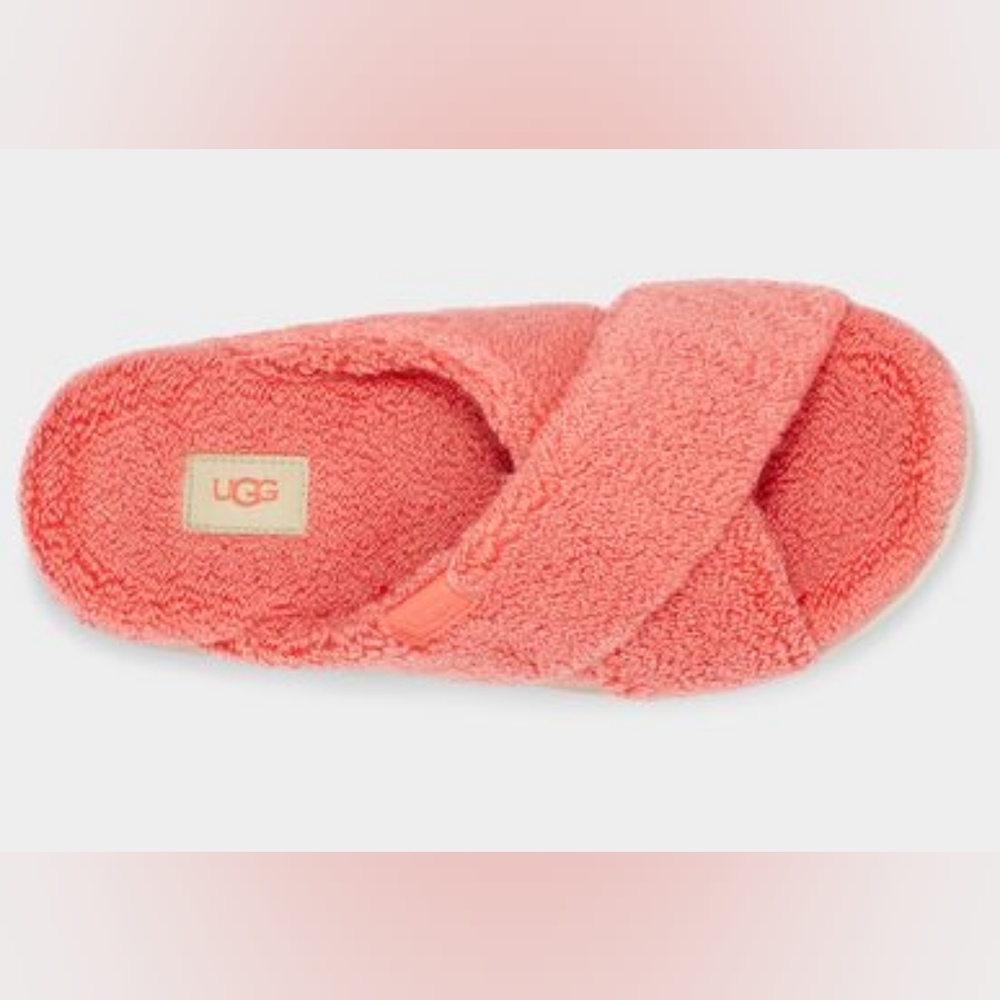 Ugg Fuzz Sugar Terry Cross Slide Sandals Peach Bliss - Picture 5 of 7